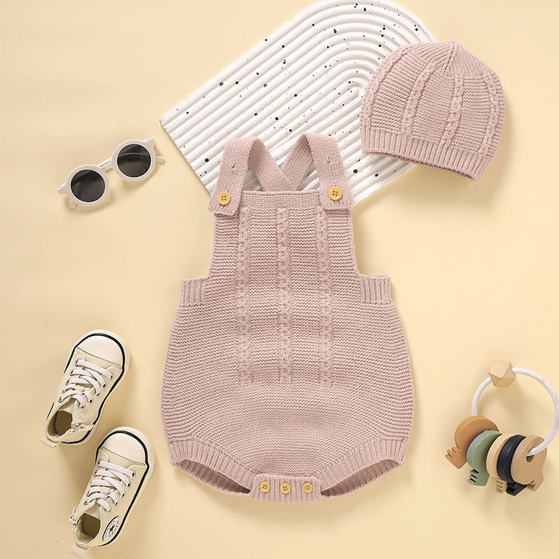 Baby Bodysuits Knit Infant Boy Girl Jumpsuit Sleeveless Summer Newborn Kid Sling Clothes Hat Fashion Solid 0-18M 2pcs Top Romper