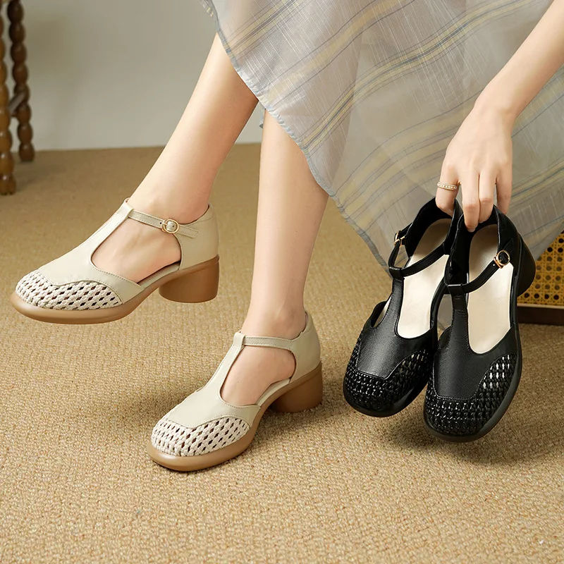 Women's Genuine Leather Sandals, with Thick Mid-heels, T-shaped Buckle, Woven Mesh Design. Ideal for Summer Daily Wear.
