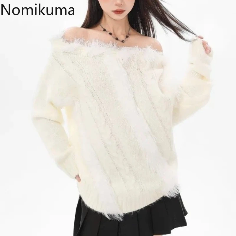

Slash Neck Jumper Korean Pullovers for Women's Autumn Winter Clothing Sueter Mujer Hollow Out Knitted Sweater Soft Pull Femme