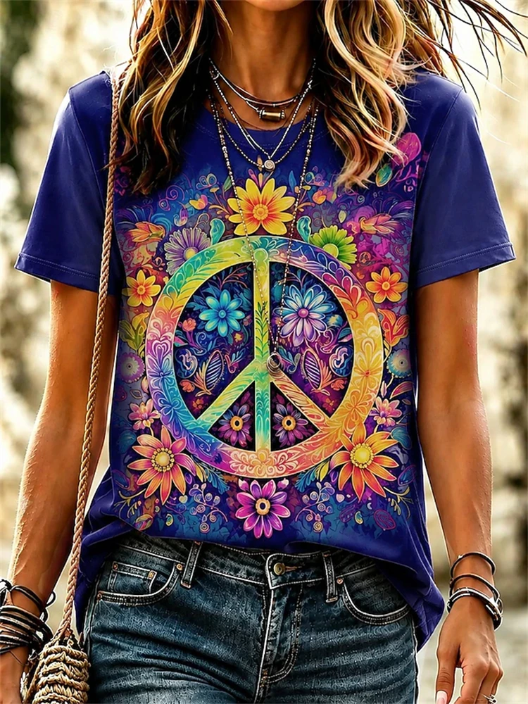 Women's New Spring Summer Round-Neck Short-Sleeve Casual Top with Rainbow Floral and Peace Sign Print Party Street Style T-Shirt