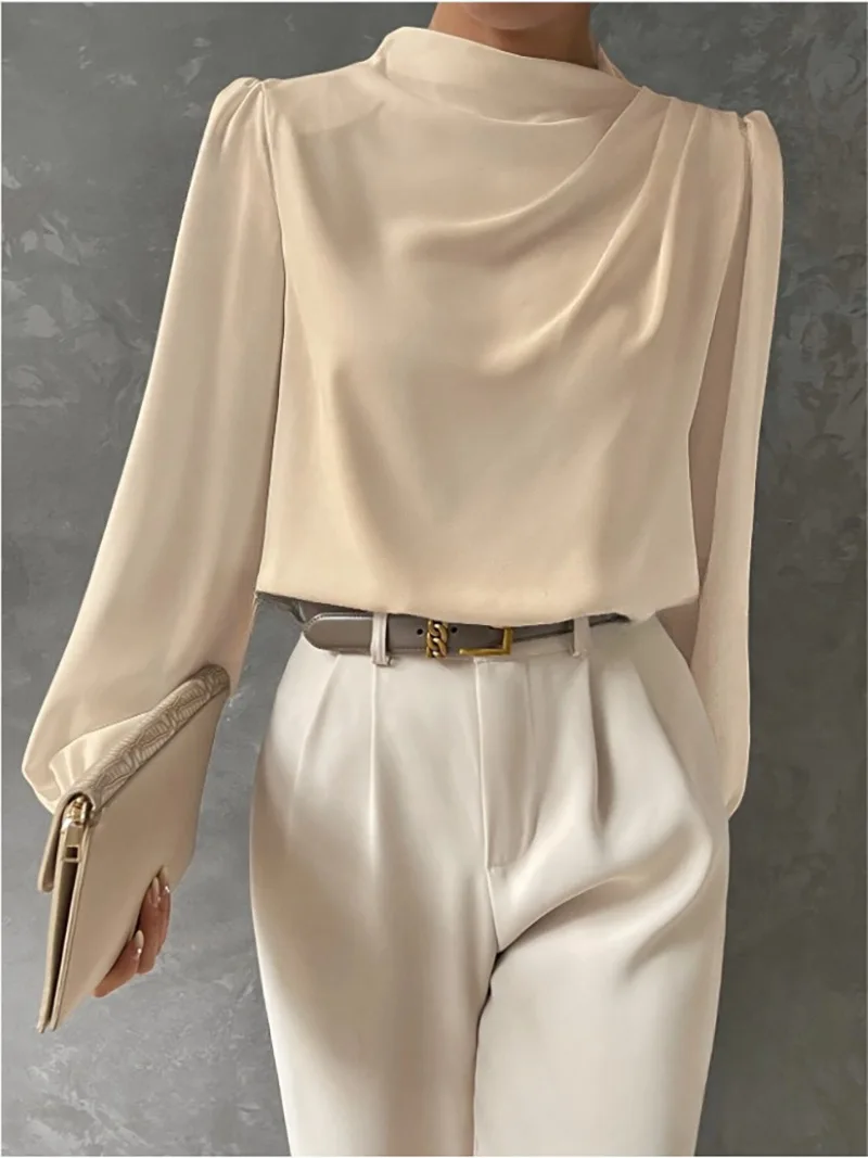 

Women Turtleneck Tops Solid Color Long Sleeve Office Blouse Work Wear Commuting Ruffled Party Shirts Elegant Loose Blouse tops