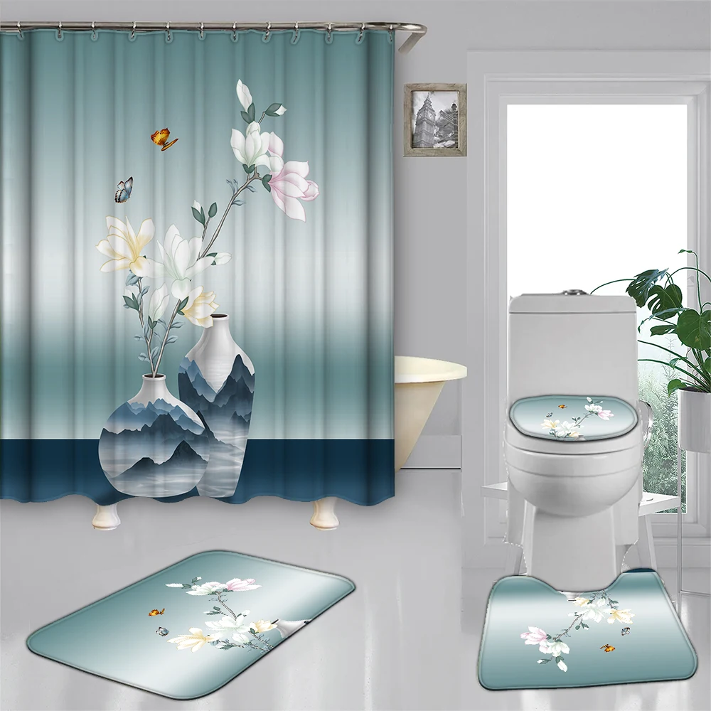 4-piece set of New Chinese style vase waterproof shower curtain with 12 hooks, waterproof printed curtain, bathroom floor mat