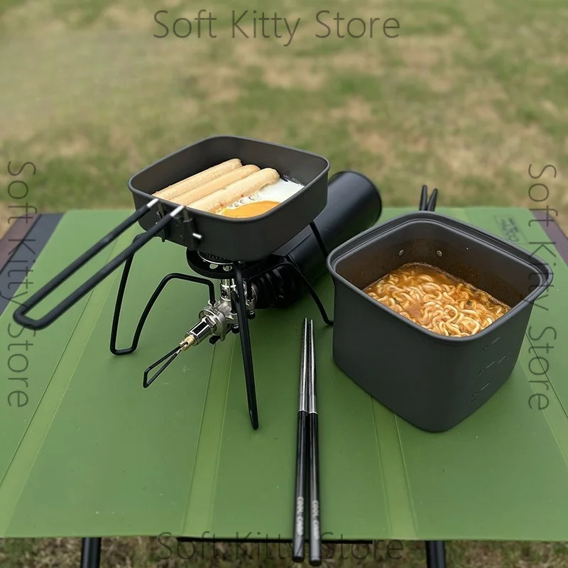 Outdoor Camping Square Pot Folding Portable Aluminum Alloy Lunch Box Frying Pan Cooking Pot Fishing Mountaineering Cutlery