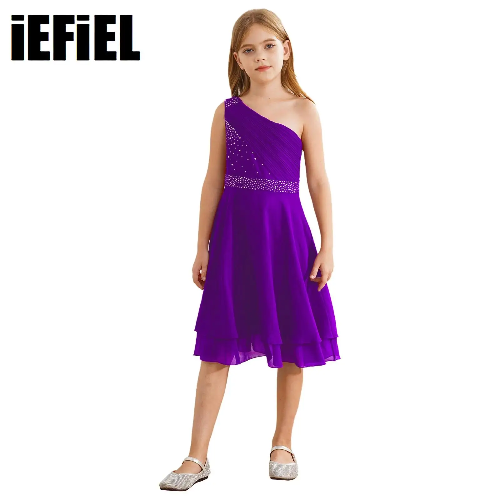 

Kids Girls Chiffon Dress Shiny Rhinestone One Shoulder Sleeveless Ruched Tiered A-line Party Gown Flower Girl Dress