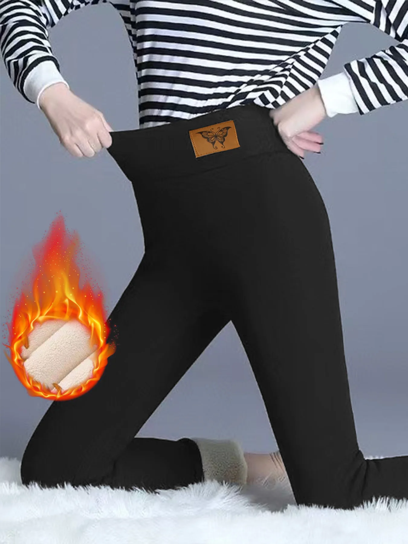 

Thick black leggings with added fleece in autumn and winter, butterfly leather logo tight fitting and slimming warm pants