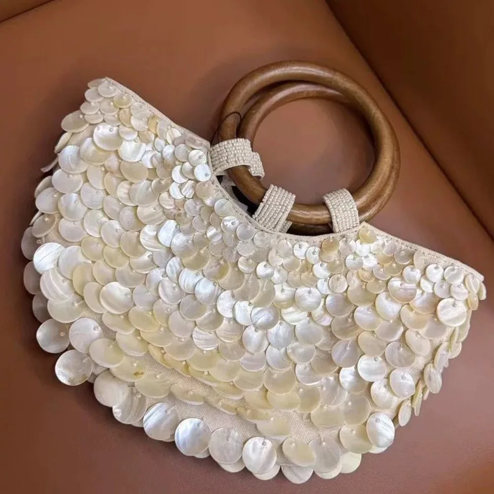 NEW Handmade Shell Bead Handbag Rhinestone Pearl Evening Bags for Women Wooden Handle Totes Half Moon Women's Wedding Party Bag