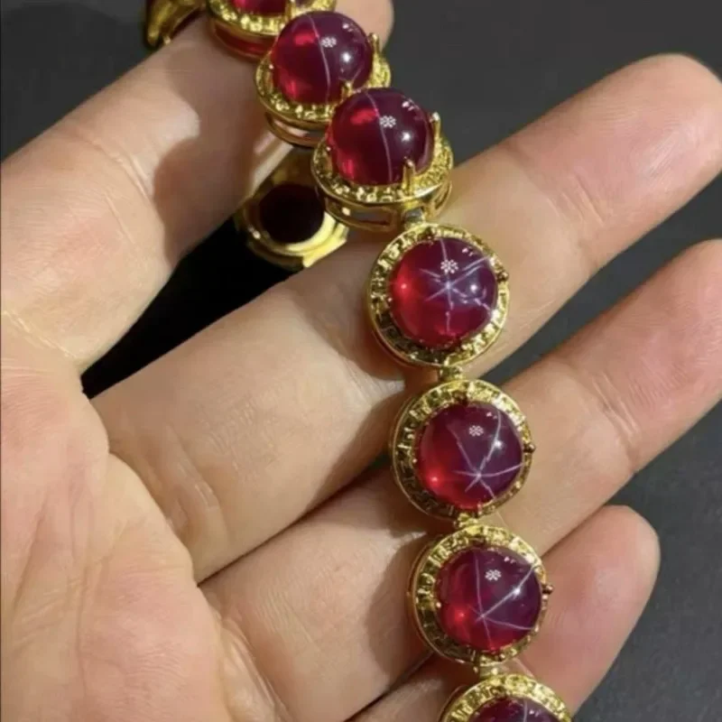 Vintage Collectible Bracelet Inlaid Star Ruby with Six-Ray Star10mm Main Stone,Hardness Over 9°,Handcrafted Unisex Retro Jewelry