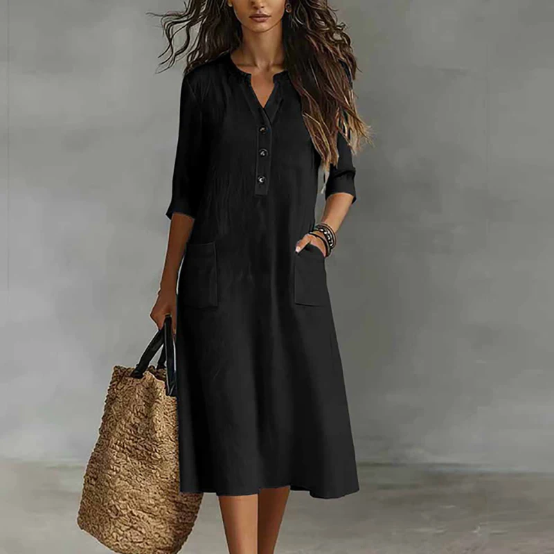 เดรสลำลองผู้หญิงสีพื้น แขนครึ่ - Boho Summer Beach Maxi Dress บทวิจารณ์และราคา