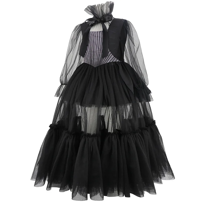 Meninas trajes de halloween crianças longo vestido preto com acessórios bonito vestir-se roupas de aniversário menina carnaval festa baile vestido