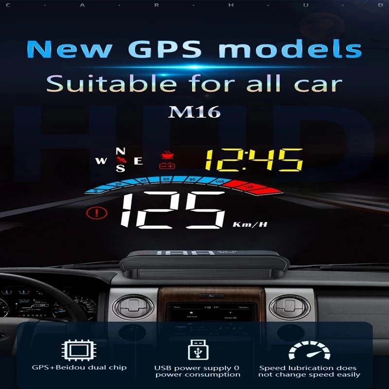 M16 HUD Car GPS Head Up Display Car GPS Gauge Digital Speedometer Windshield Speed Projector Compass Voltage KM/h MPH Display