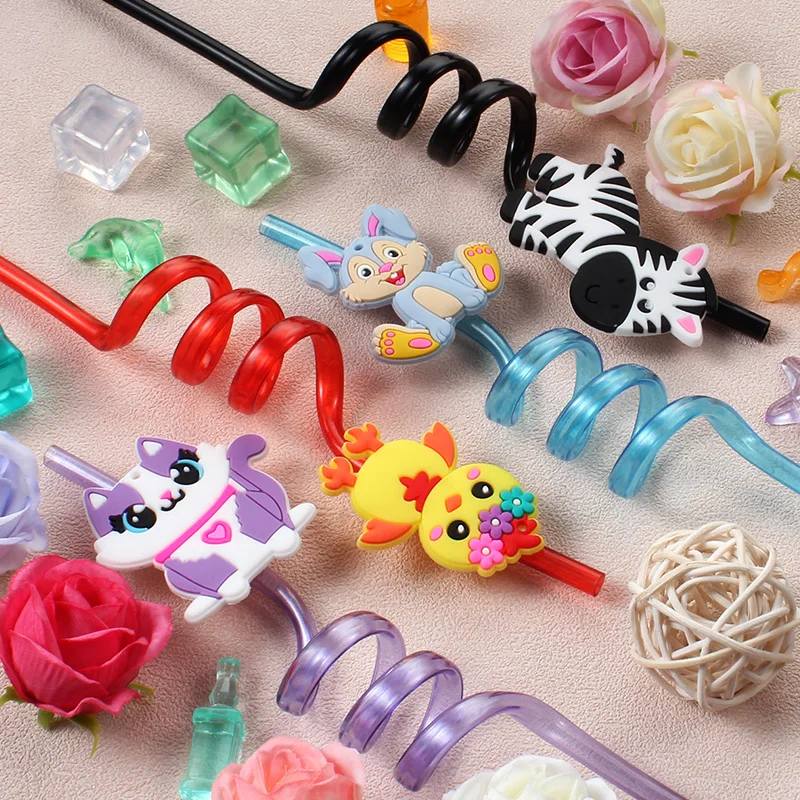 Set of 6 animal-themed spiral straws. Reusable spiral straws, perfect for birthday parties, bars, weddings, and other occasions