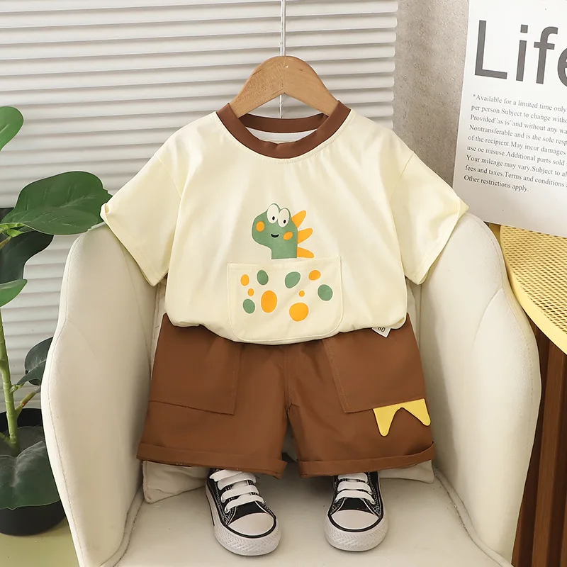 

Baby Boy Summer Clothes Set 2025 Korean Fashion Pocket Dinosaurs Short Sleeve T-shirts and Shorts Boys Outfit Childrens Clothing