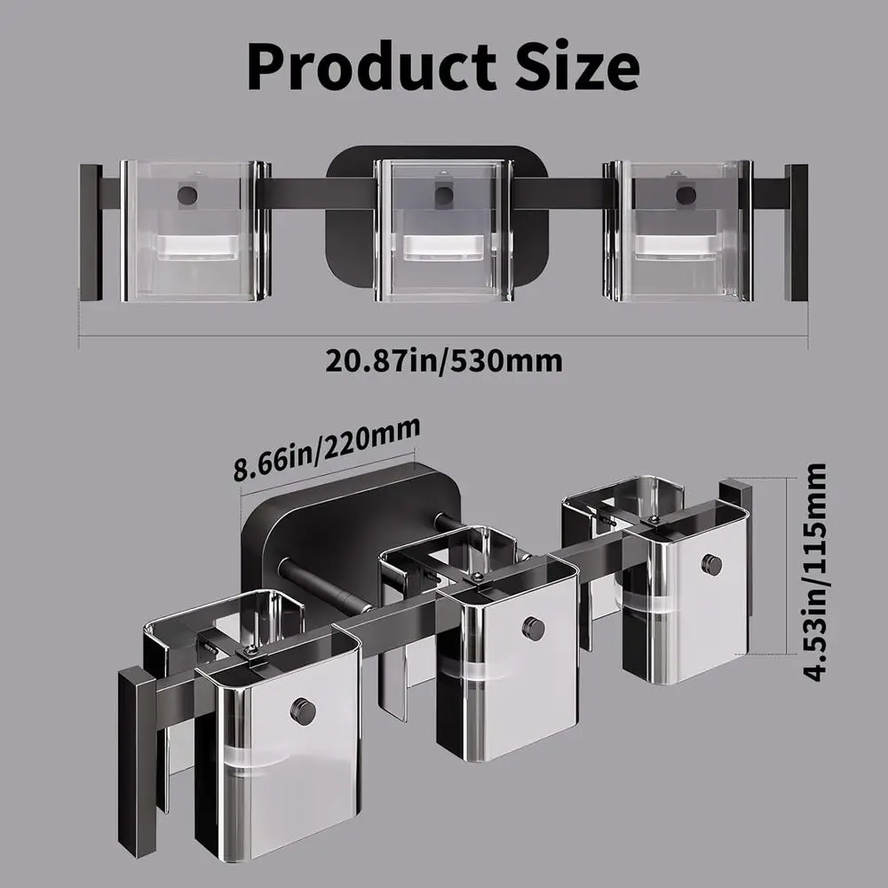 Luminária de Banheiro Preta de 20,8 polegadas com 3 Luzes, Luminária de Parede LED Ajustável 3000K/4000K/6000K