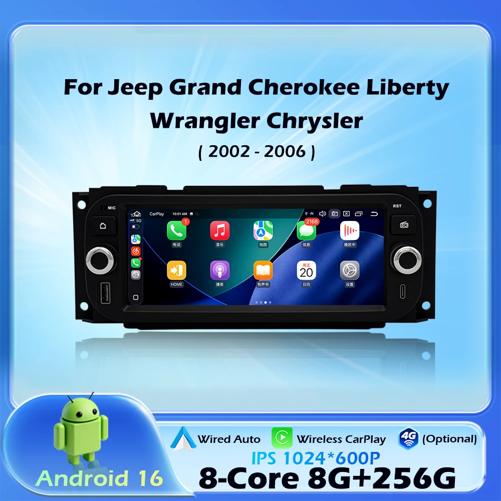 Android16 Wireless CarPlay For Jeep Grand Cherokee Liberty Wrangler Chrysler 2002-2006 Car Radio Multimedia Navigation GPS 6.86
