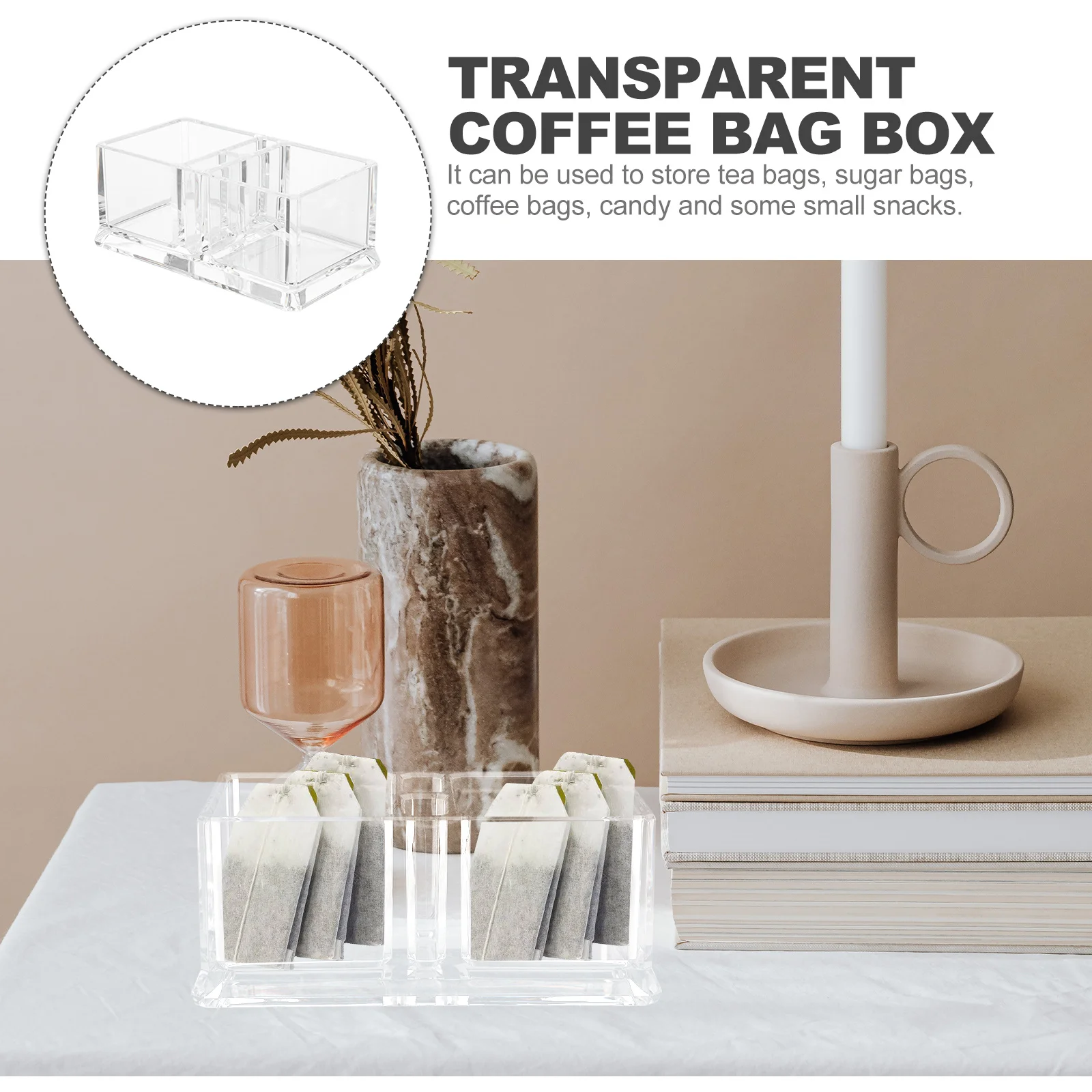 

Clear Tea Bag Storage Box with Divided Compartments Acrylic Organizer for Home Office Coffee Shop Hotel Tea Coffee Snack Storage