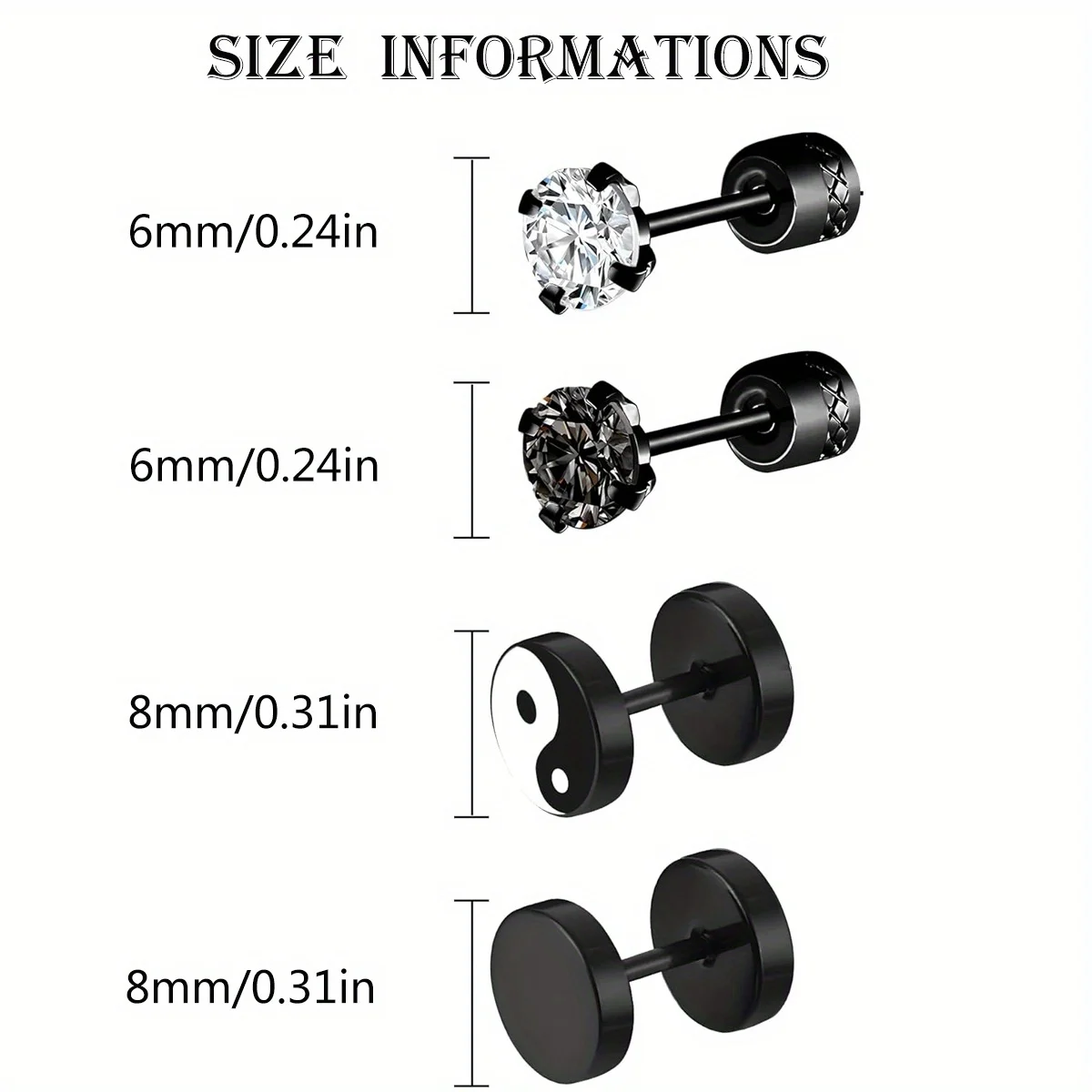 4 pairs of men's stainless steel earrings, men's screw-back flat-bottom studs hypoallergenic black ear accessory set