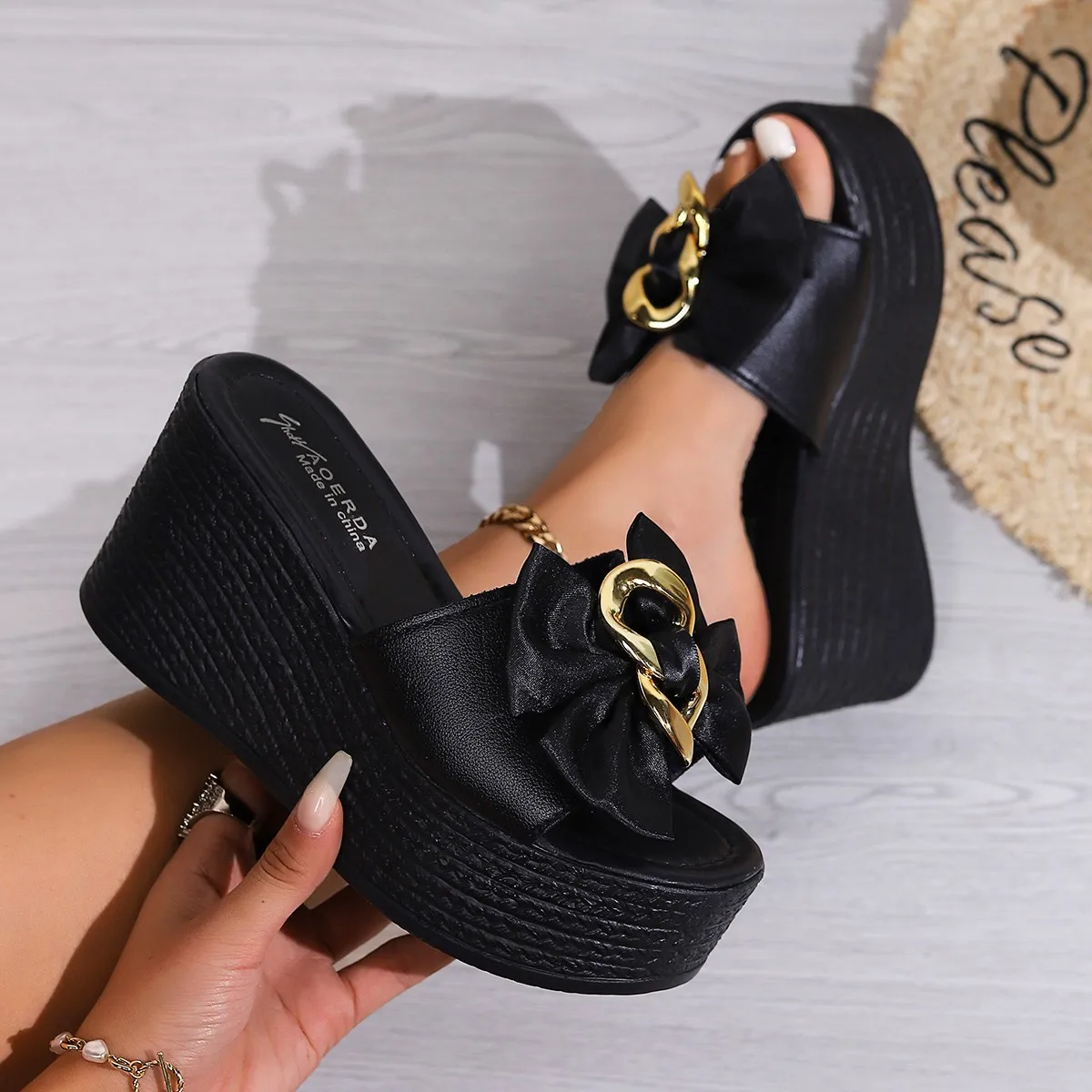 Aphixta Black Summer 9cm Wedge Heels Slippers Women Metal Bow Mulers Platform Sandals Clog Shoe Slides Plus Size 43