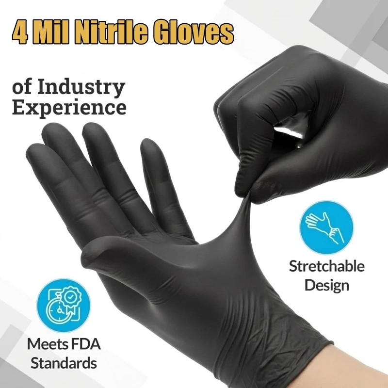 Black Nitrile Disposable Work Gloves 4Mil Thick Industrial Grade Safety & Work Gloves for Men Mechanic Auto Gardening Household