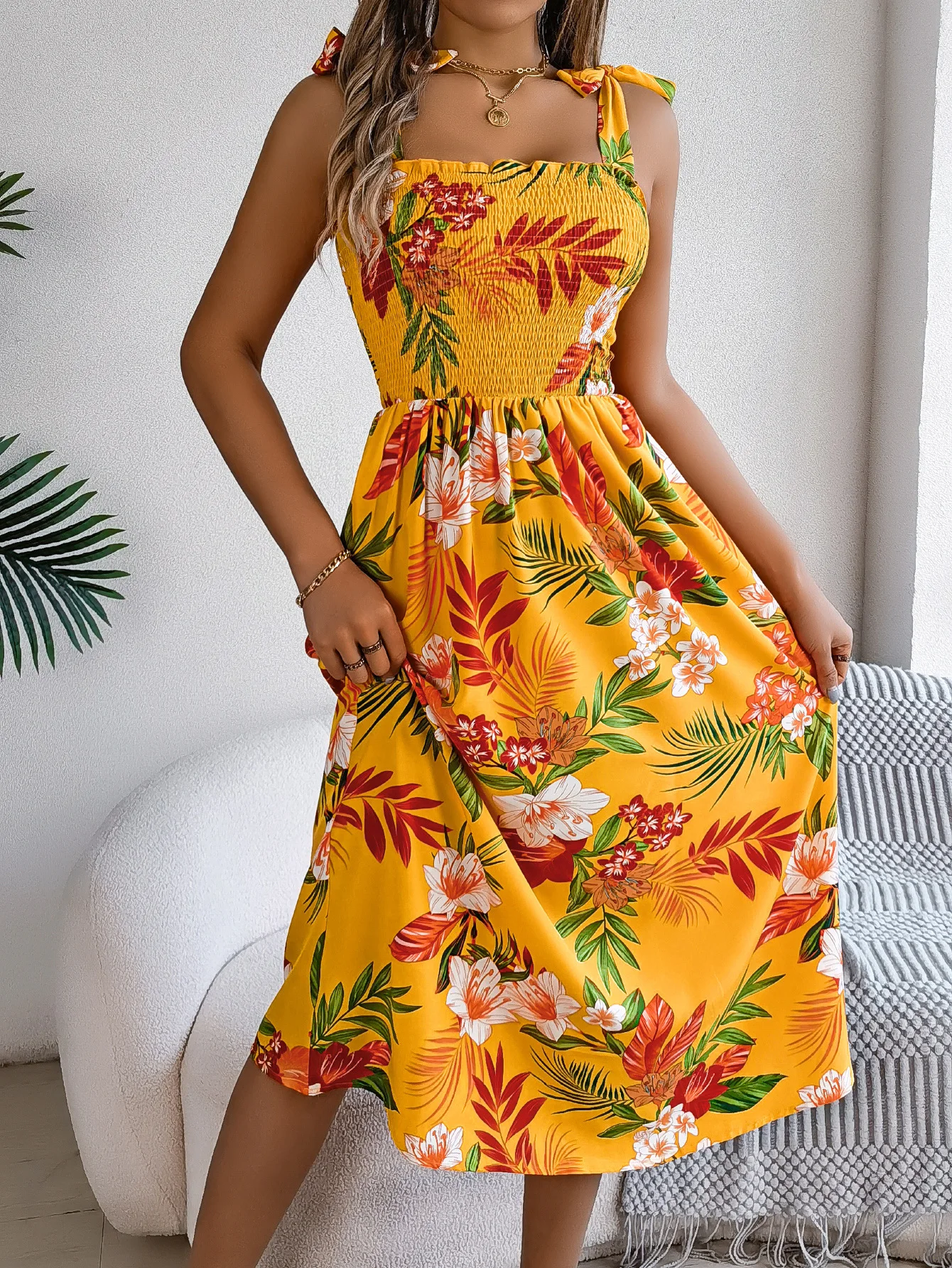 

Comfortable Spring Summer Floral Print Lace Up Waistband Camisole For Vacation Beach Fashion Long Women's Wear