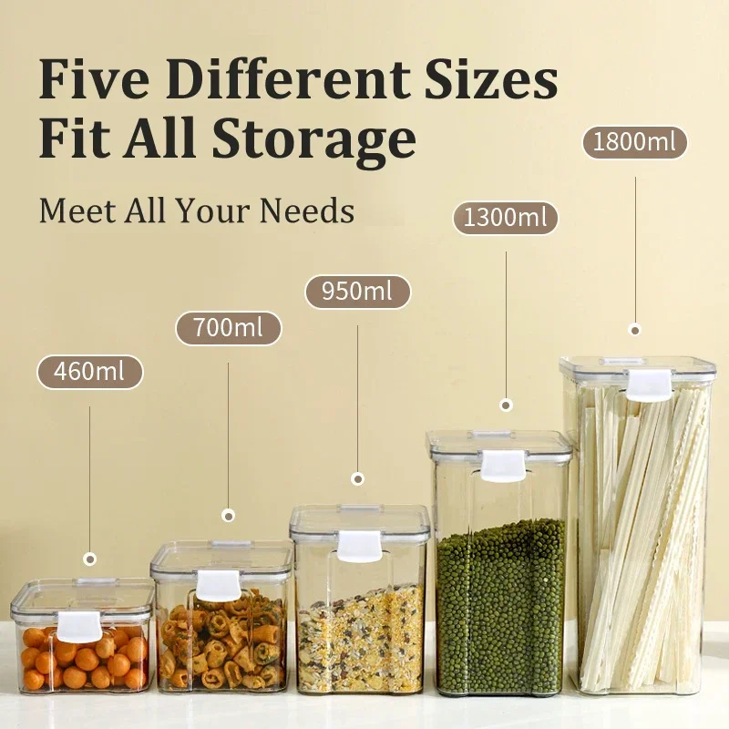 Food Box Storage Container With Airtight Lid Condiment Organizer Plastic Dispenser Jar Hermetic Kitchen Cereal Snack Spaghetti