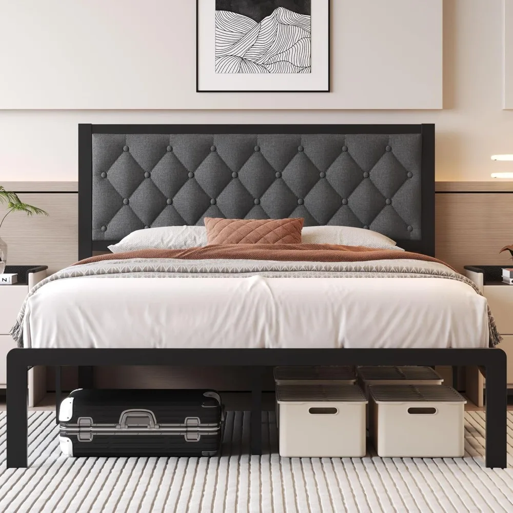

With Headboard, Linen Cushion Bedstead Platform, All Metal Flat Noodles Support Platform Bedstead