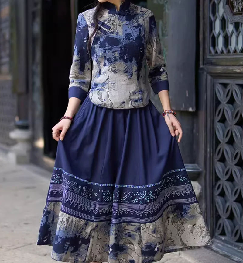 طقم بلوزة وتنورة نسائية من القطن والكتان شيونغسام من العناصر الكلاسيكية الصينية
