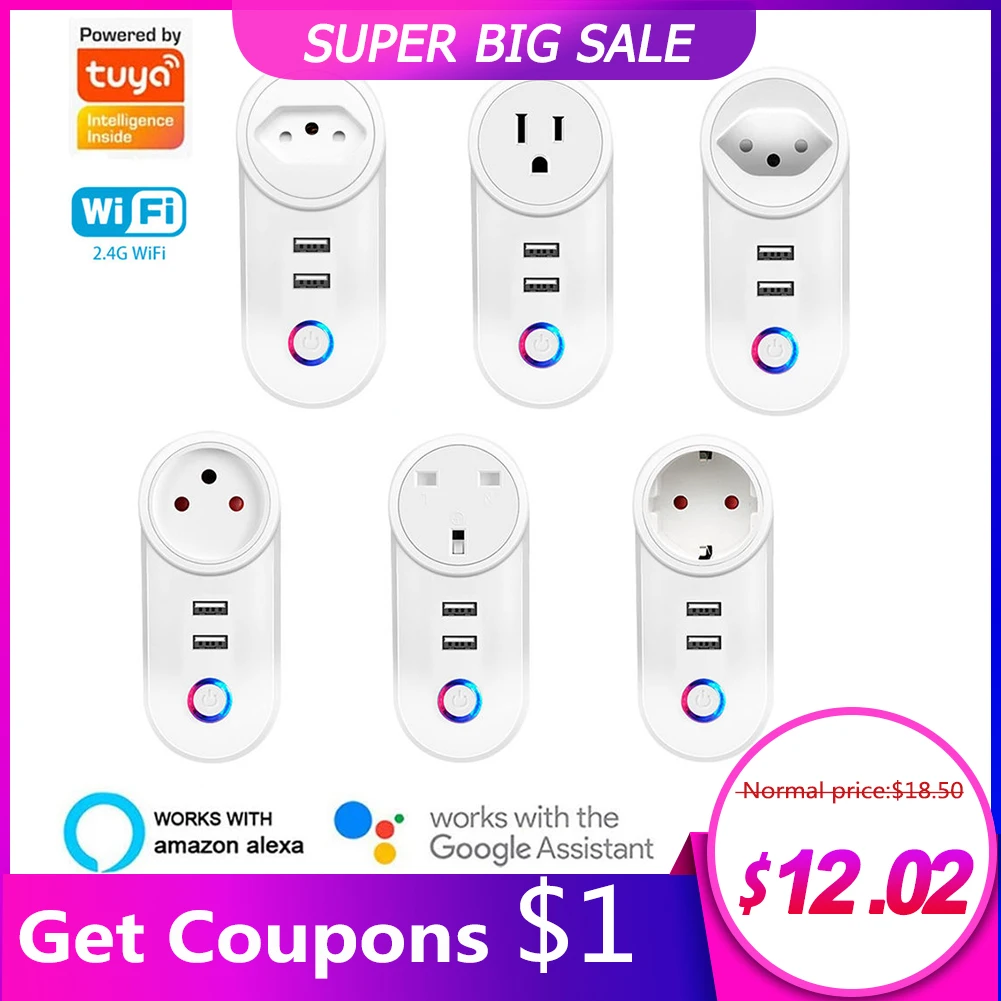 

Tuya SmartLife WIFI Smart Socket Plug EU UK US BR Israel Switzerland Plug 10A/16A APP Remote Control Work With Alexa Google Home