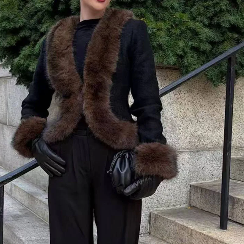 معطف شيرلينغ نسائي، جاكيت مرقع بياقة فرو، معطف قصير عالي الجودة بتحديد الخصر، 2025، شتاء، جديد y2k #2