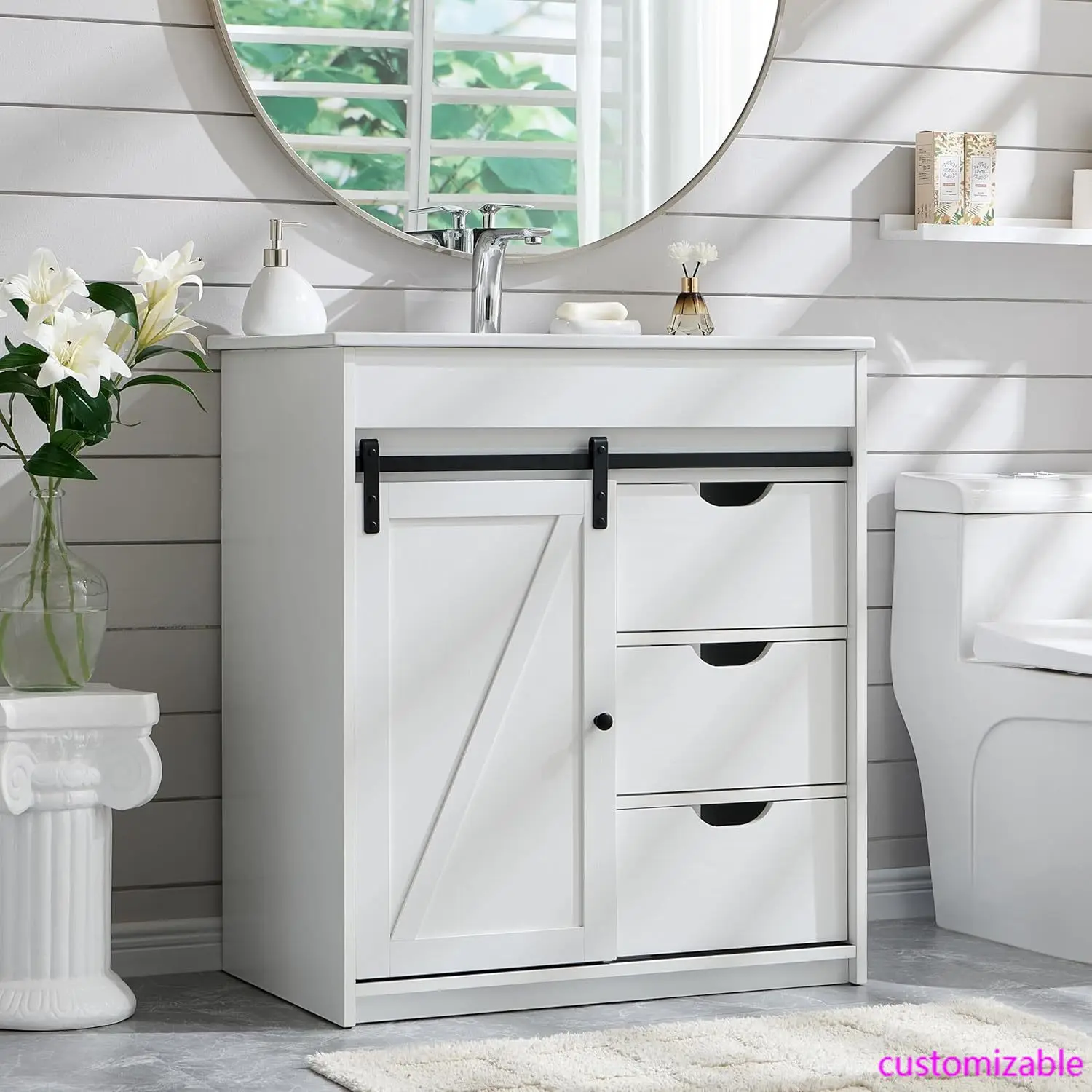 

30" Farmhouse Bathroom Vanity with Sink, White Sliding Barn Door, Modern Bathroom Cabinet w/3 Drawers & Adjustable Shelves