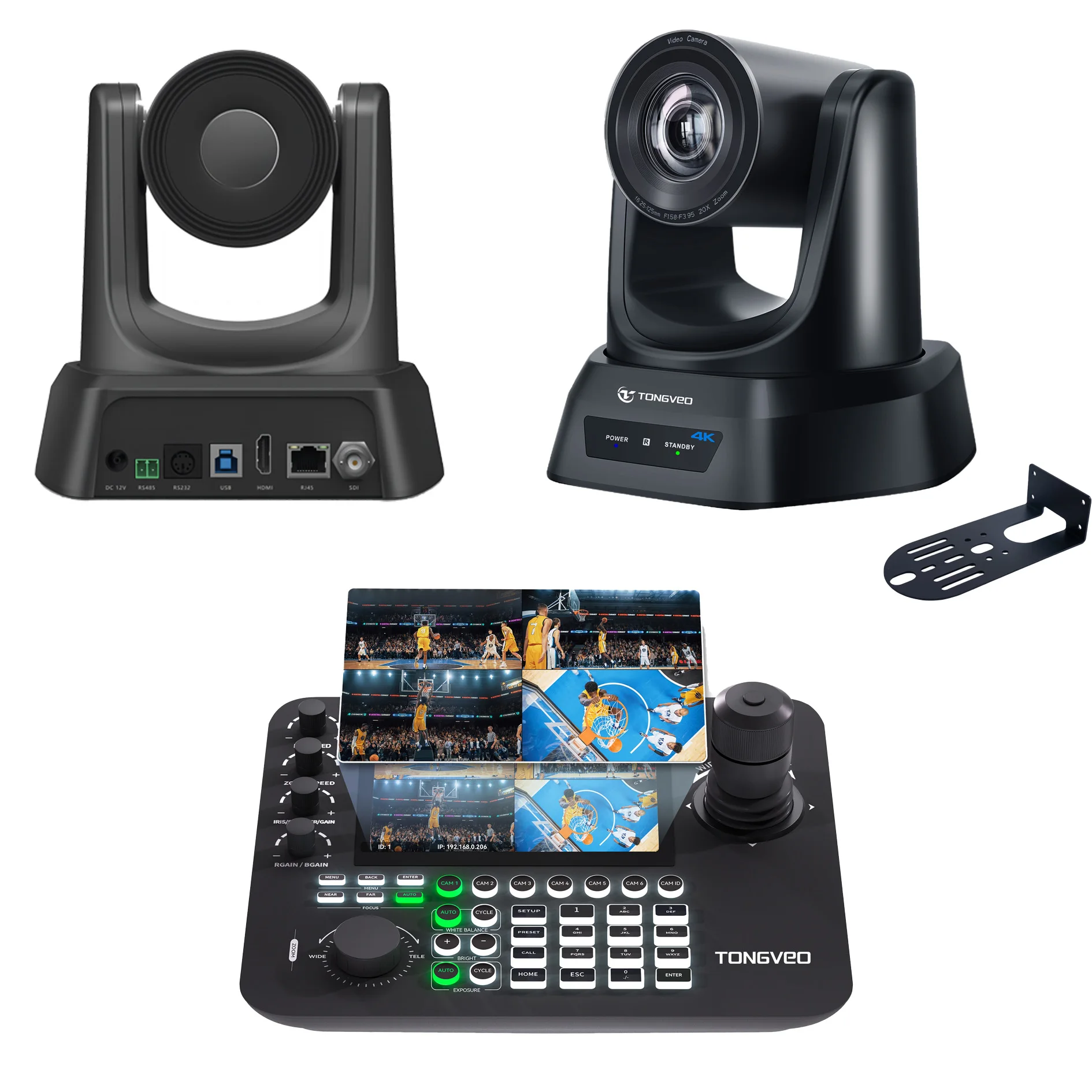 TONGVEO 20x PTZ Camera with AI Auto Tracking and Joystick Controller with 4 Split Screen for Live Streaming Video Conference