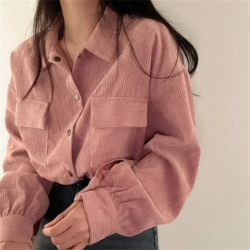 

Ladies Loose Flip Collar Blouse Tops Retro Femme Long Sleeves Corduroy Shirt Jacket Spring Autumn Women Solid Color Shirts Coat