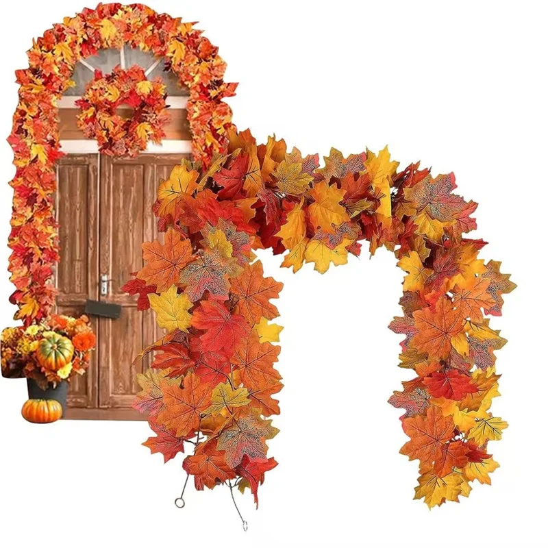 AT02-Thanksgiving أكاليل 2 قطعة إكليل الخريف الاصطناعي أوراق القيقب 5.8Ft إكليل الخريف الزخرفية لإطار باب الموقد