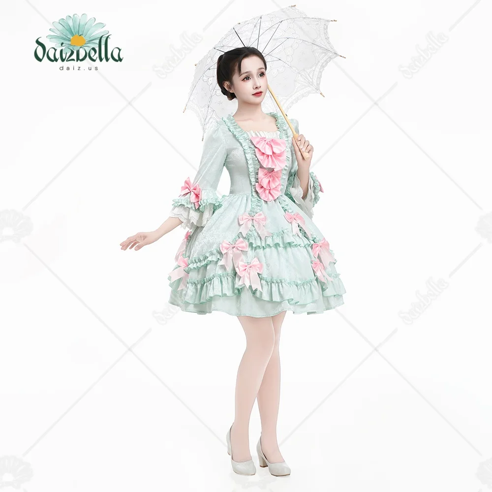 US Stock DAIZBELLA Women's Pompadour Style Mini Dress in Blue Satin Rococo Inspired Vintage Dress​ with Pink Bow Decorations view 3