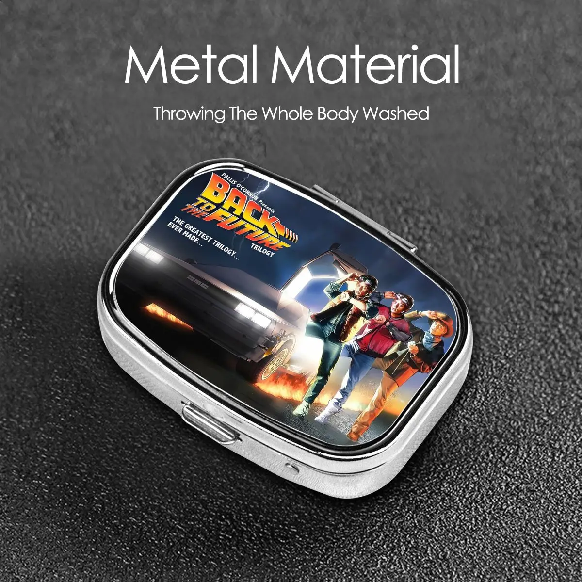 العودة إلى المستقبل صندوق حبوب معدنية مدمج لفيلم كوميدي الخيال العلمي مكون من قطعتين حاوية منظم حبوب مربع للسفر