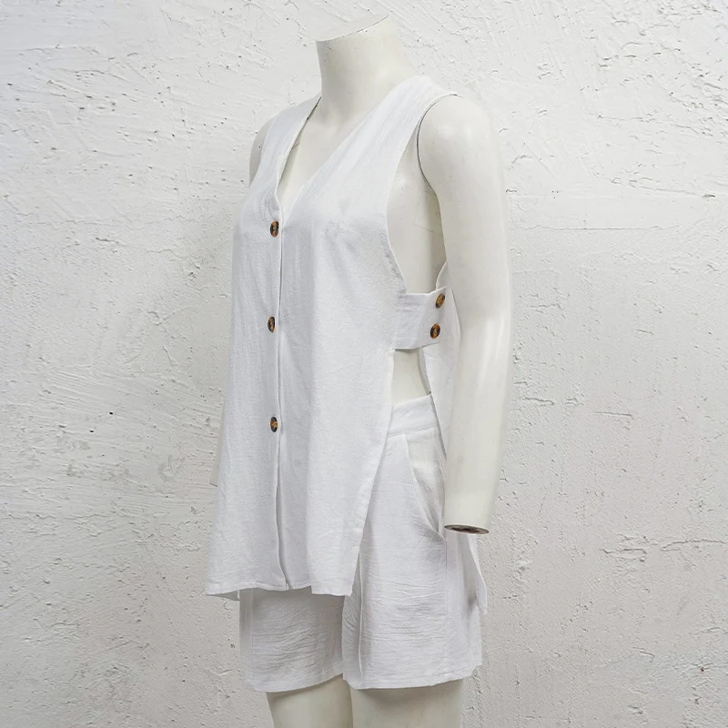 2026 New 100% Cotton Women Suits 2 Pieces Sets V Neck Sleeveless Buttons Vest Blazer+High Waist Shorts Lady Office Tracksuit