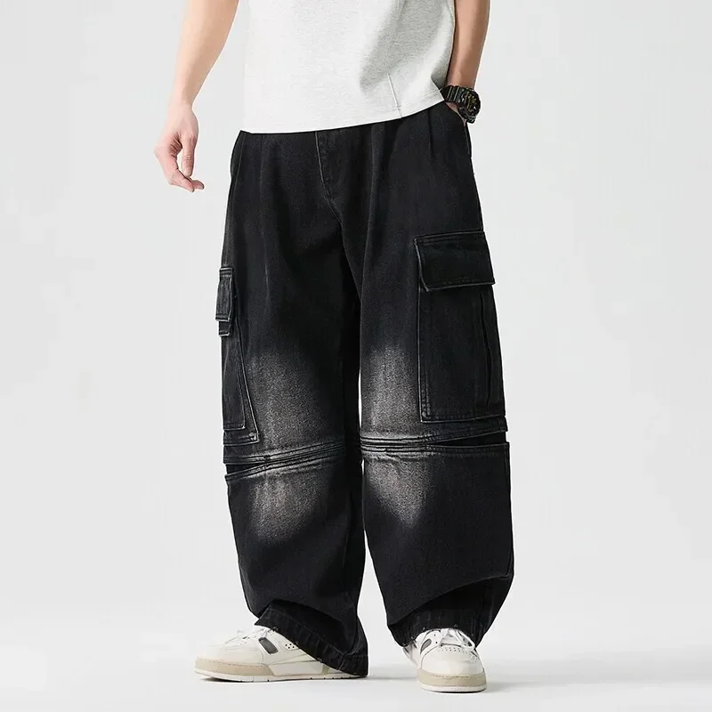 2026 Men Y2K Retro Wash Denim Cargo Pants Men Vintage Multi-Pockets Loose Wide Leg Trousers Men Casual Streetwear Pants