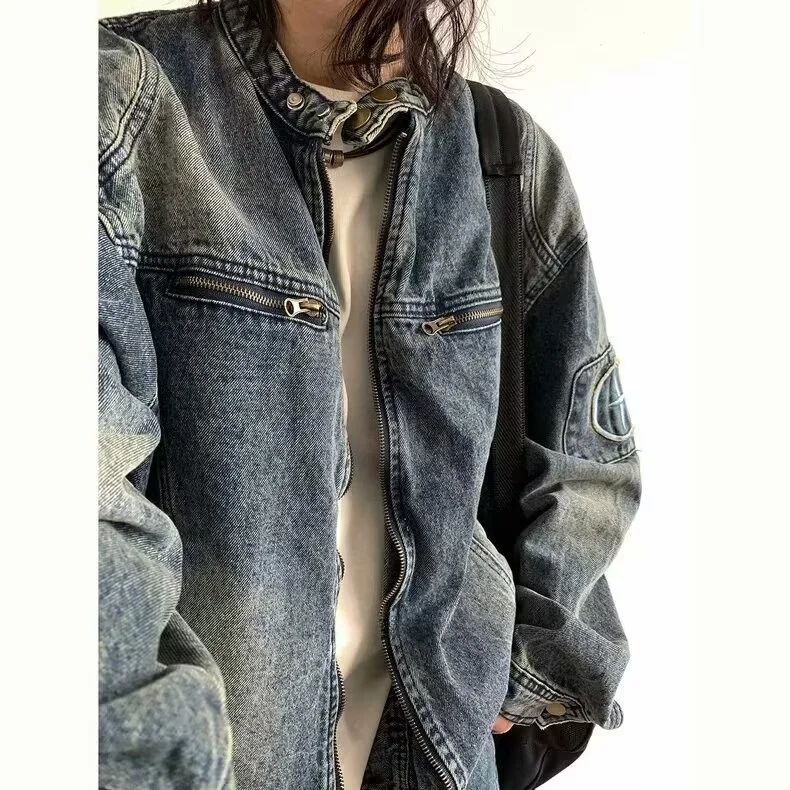 

Retro Embroidered Large Size Denim Jaet Men's Loose Fit Waed Outwear Biker Workwear Sle Autumn Winter Faion Jaet