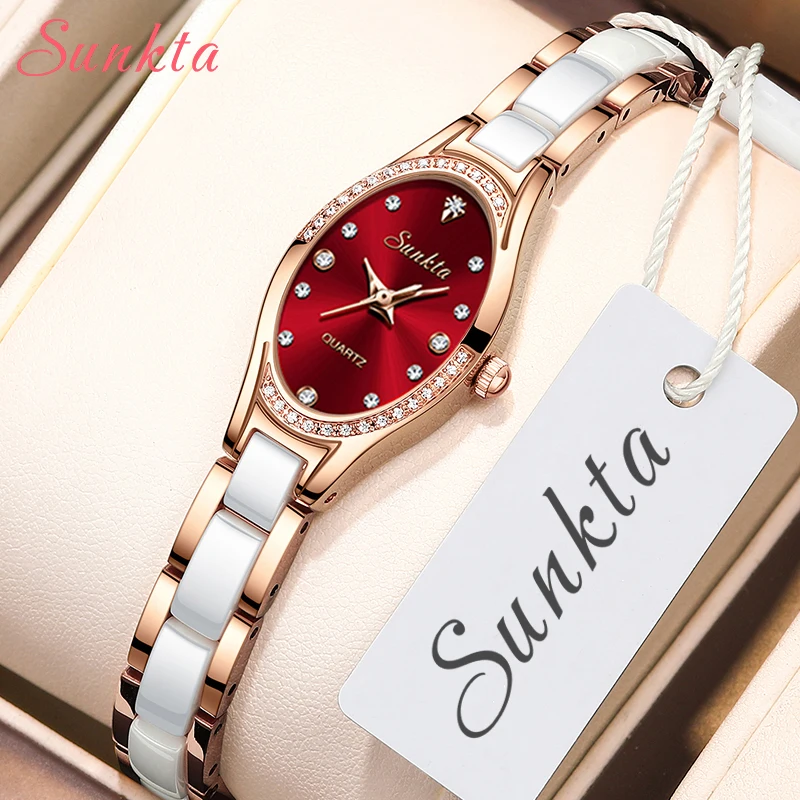 LIGE Sunkta Women Watch Fashion Elegant Ladies Watches Quartz Rhinestone Dial Ceramics Watchband Luxury Casual Wristwatch Female