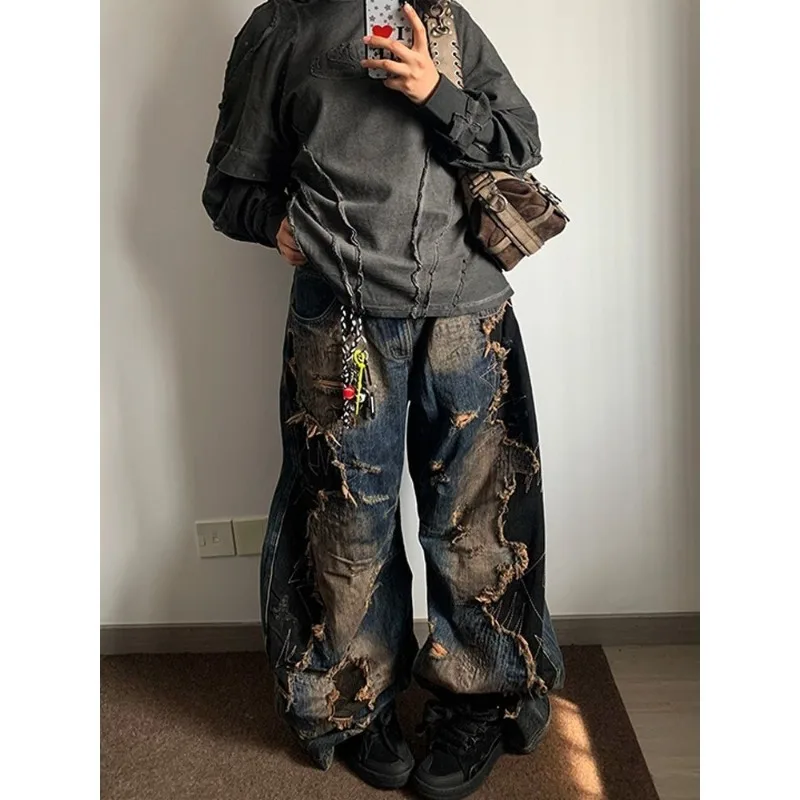 

American Niche Heavy Industry Old Destructive Style Wash Jeans Woman Harajuku Fashion Retro Street Loose Casual Hot Girl Jeans