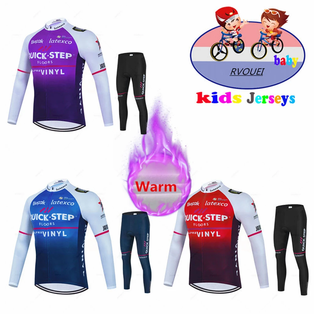 Quick Step Kids Fleece Cycling Clothing Winter Kids Keep Warm Jersey Set Long Sleeve Clothes Suit MTB Children\'s Cycling Wear