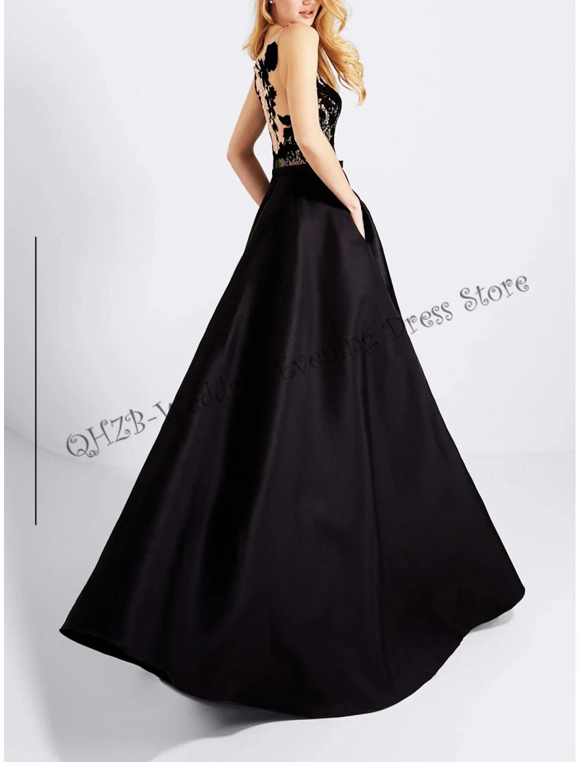 Sexy A-Line Illusion Neck Floor Length Satin Lace Sleeveless with Bow Satin with Pleats Woman Formal Evening Dresses 2023