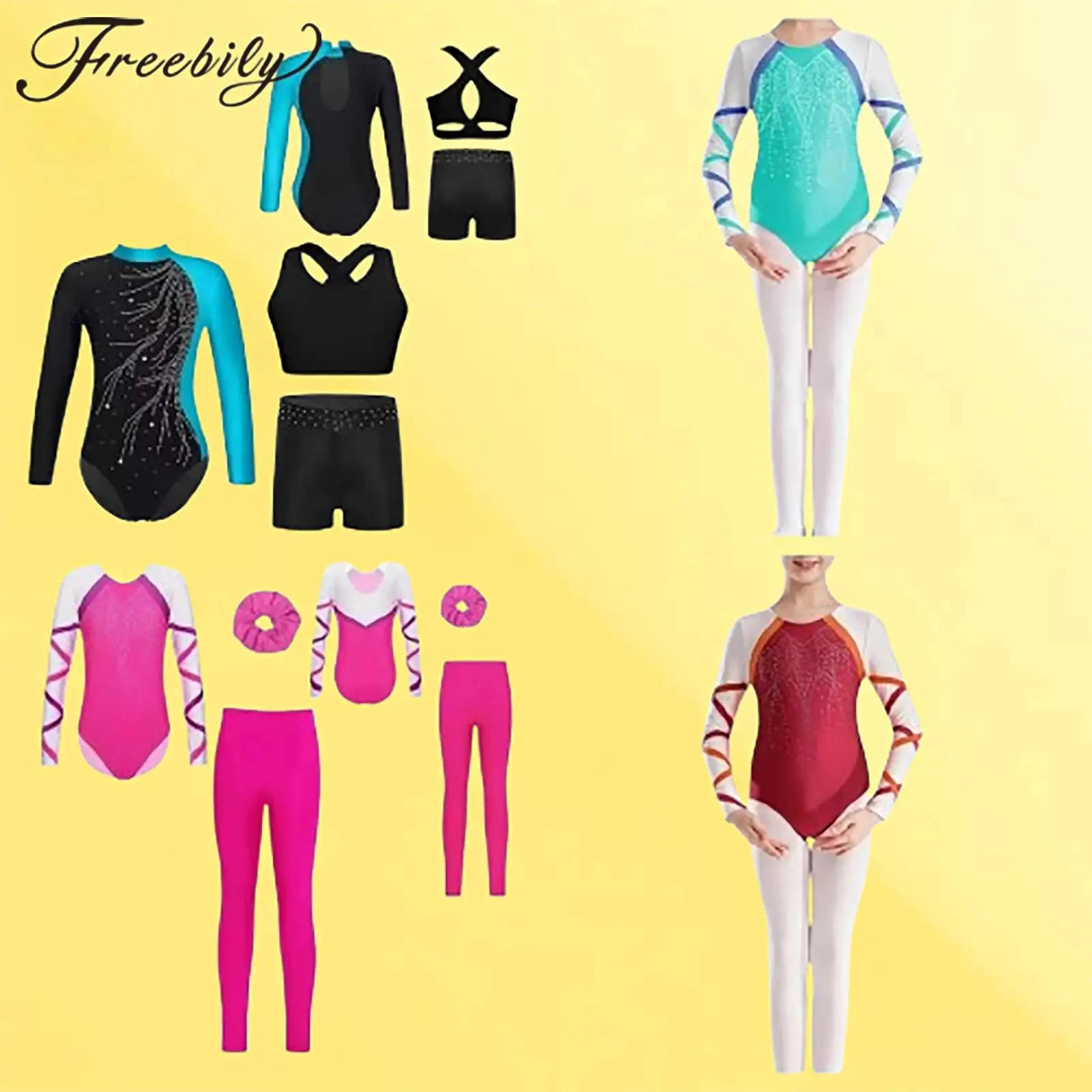 

Kids Girls Ballet Gymnastics Outfit Long Sleeve Leotard + Shorts Teens Girl Figure Skating Jumpsuit Yoga Bodysuit Dancewear Sets