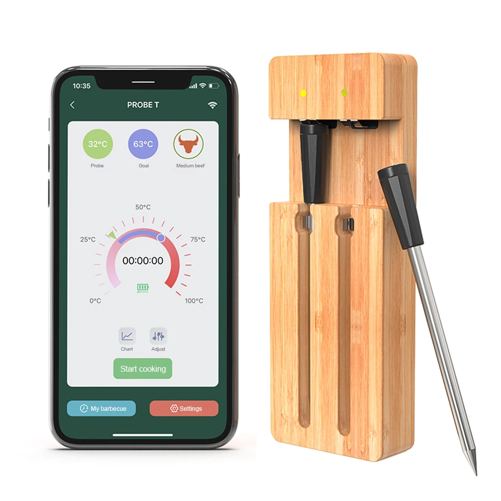 

Food Cooking Thermometer Smart Wireless Meat Thermometer 98FT BT Wireless Thermometer with 2 Probes Smart APP Control Waterproof