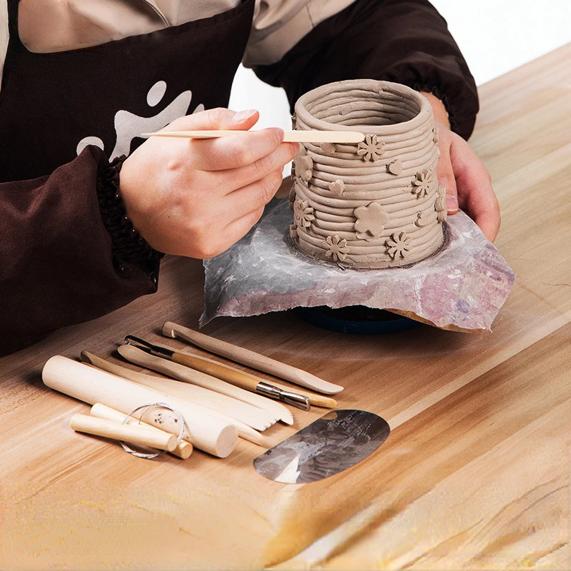 10-piece Set of Pottery Craftsmanship Solid and Durable Wooden Children's Pottery Texture Tool for Kneading Clay Sculpture