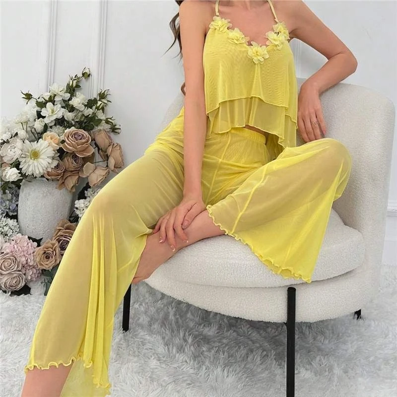 2026 Summer Love Home Clothes Hanging Neck Flower Decoration Gentle Wind Strap Top and Pants Two Piece Set for Women