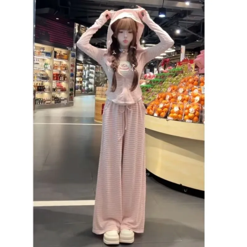 핑크 스트라이프 토끼 귀 후드 자외선 차단 가디건 캐주얼 캐미솔 재킷 가을 조끼 3종 세트 여자 신상 의류