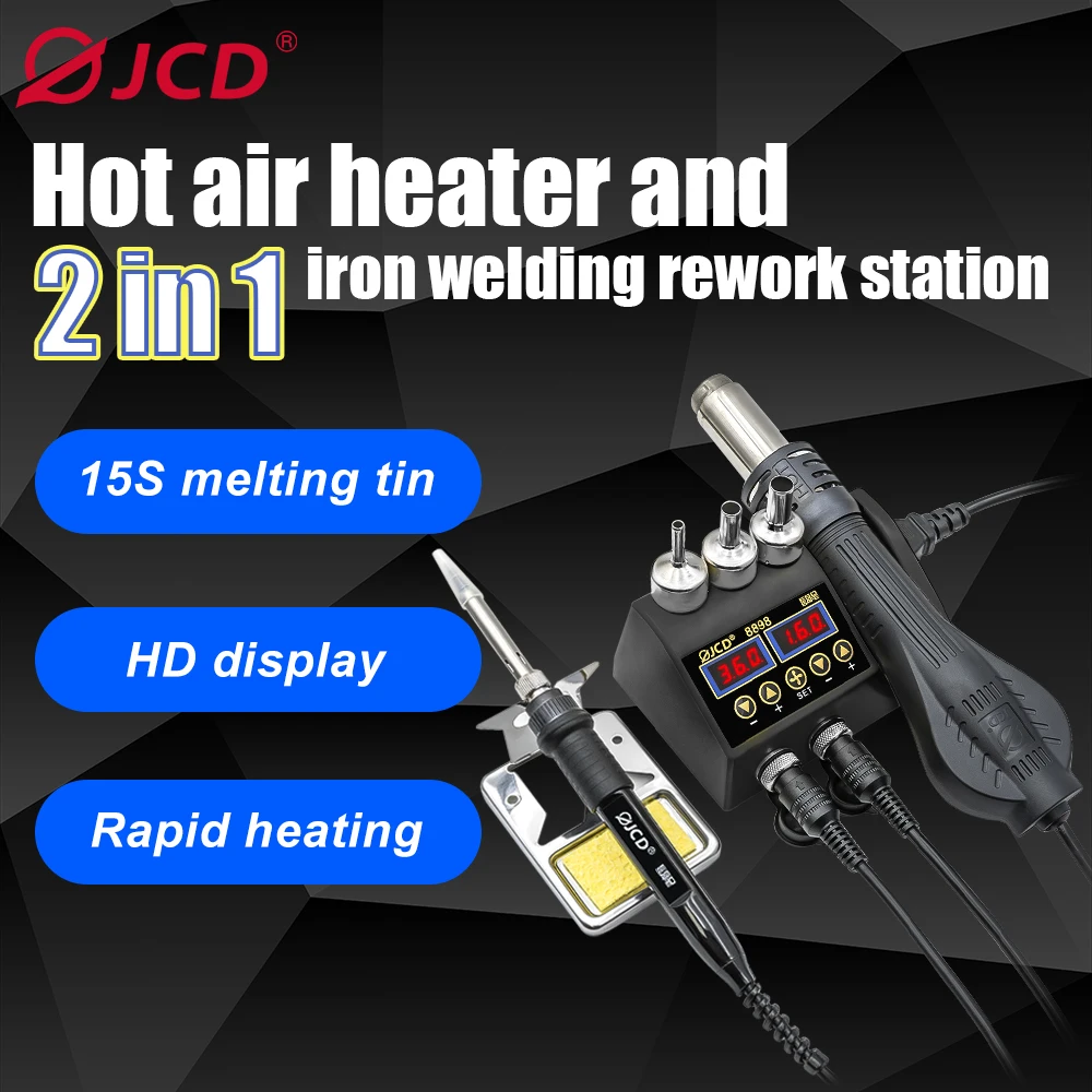 JCD 8898 SMD Rework Soldering Station 2 In 1 Hot Air Soldering Iron LCD Digital Display Welding Station For BGA PCB IC Repair