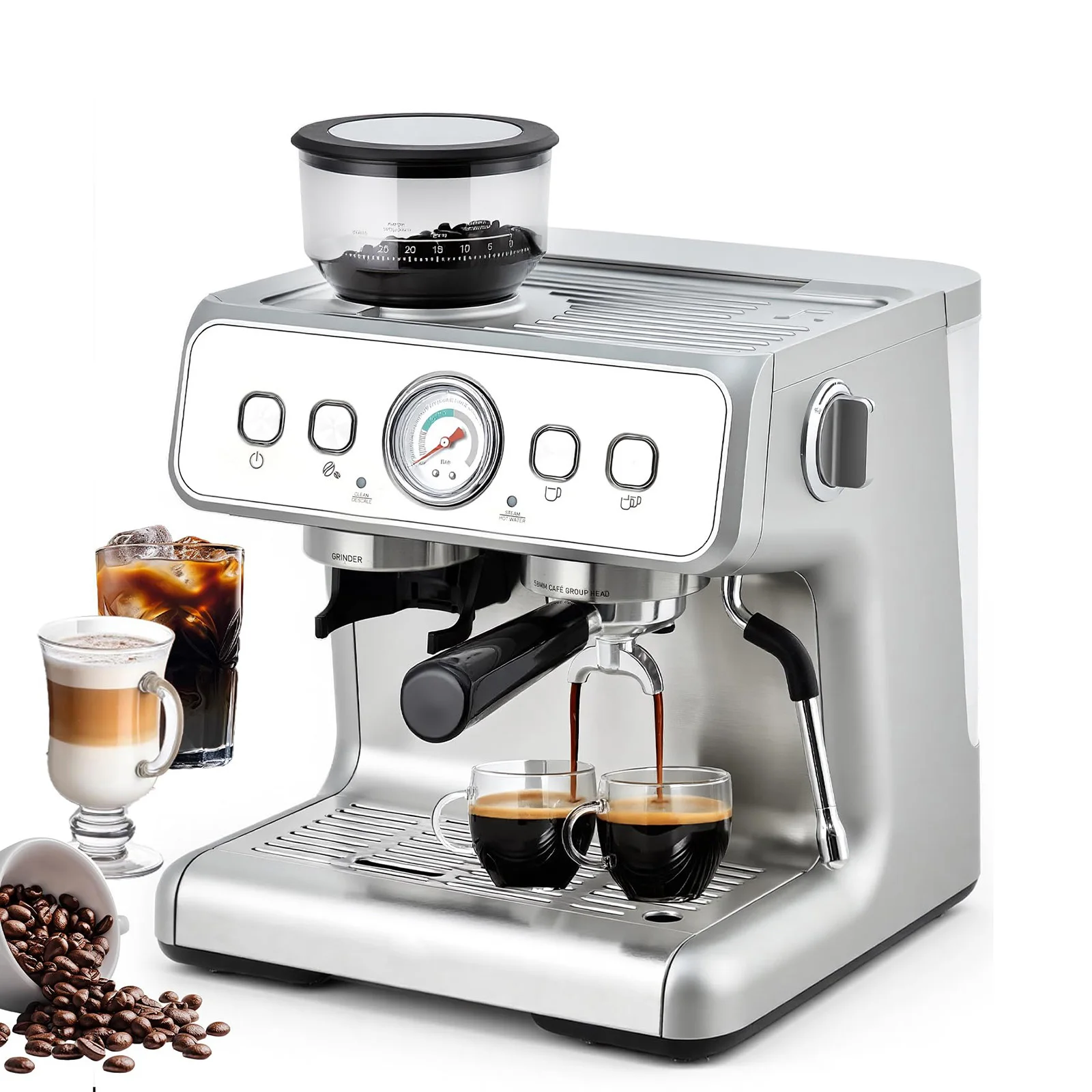 Máquina de café expresso semiautomática, 20 bar, moedor de café integrado, espuma de leite, parede de vapor para cappuccino, latte
