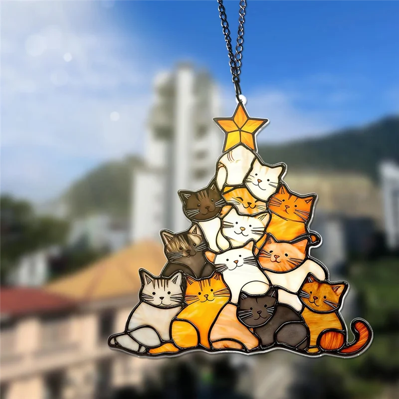 -ESTR القط شجرة عيد الميلاد Suncatcher الاكريليك مكدسة القطط شنقا زخرفة ملونة لشجرة عيد الميلاد الديكور لنافذة
