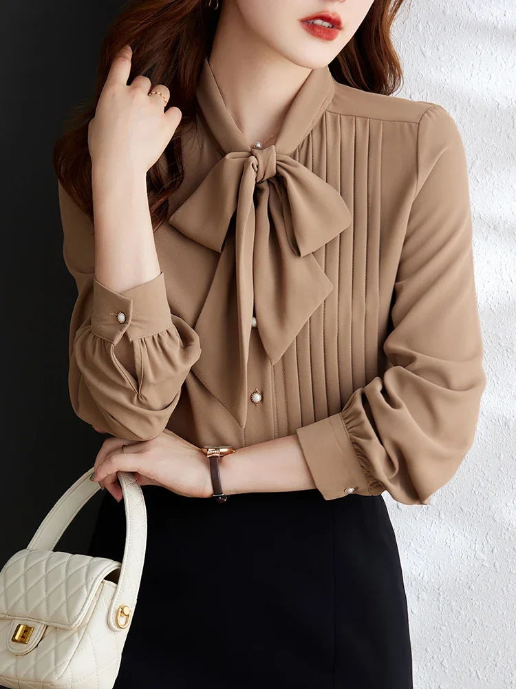 Pleated women shirt long sleeve bow tie neck pearl buttons anti wrinkle office lady elegant blouses female fashion clothes  D151